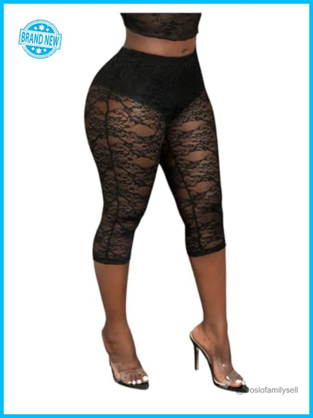 Lace Capri Leggings High Waist See Through Cropped Pants Skinny Fit